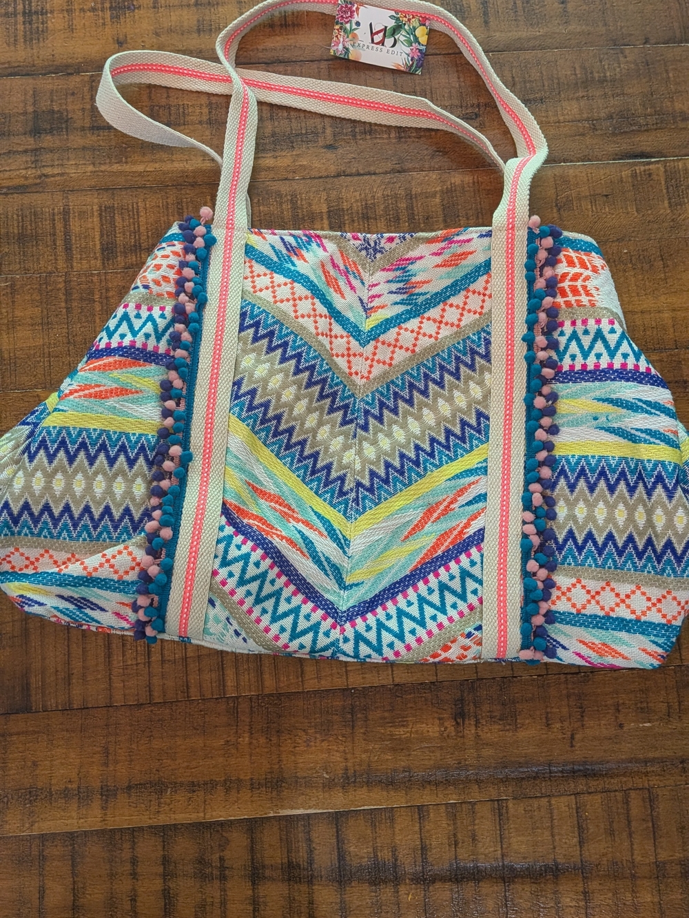 Boho Chevron Pom-Pom Shoulder Tote in Multicolor America & Beyond Express Edit